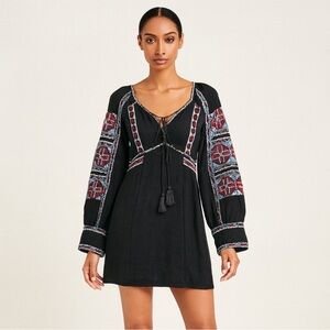 Free People Boho Embroidered Tunic Dress Women’s Medium Black Tassel Neck